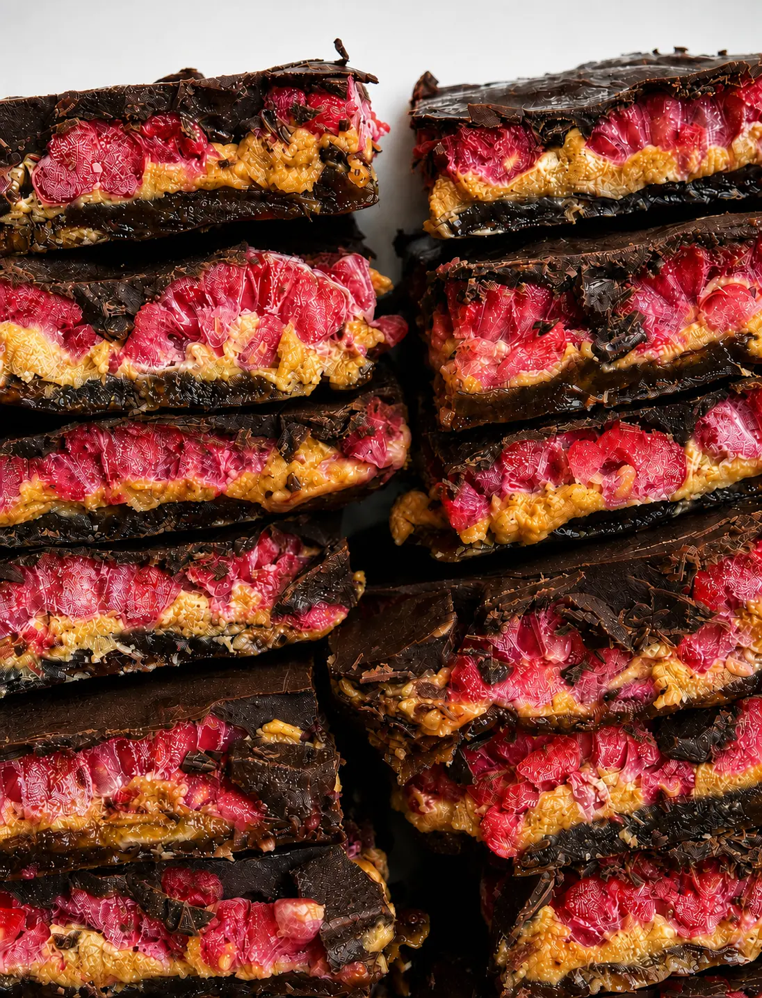 Stacked slices of Date Night raspberry frozen date bark